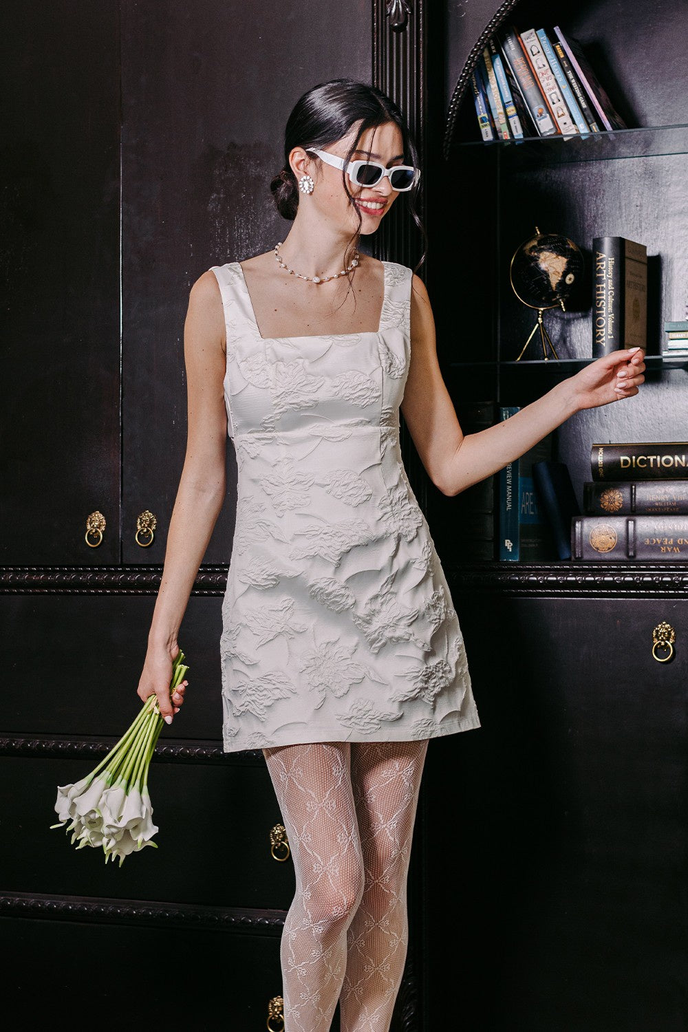 Textured Jacquard Mini Dress With A Satin Bow Back