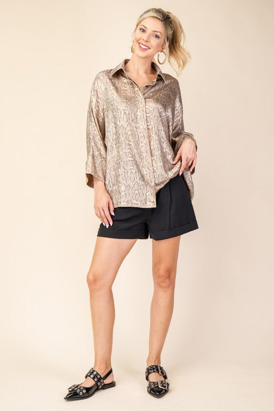 Three quarter sleeve button down snake print shirt