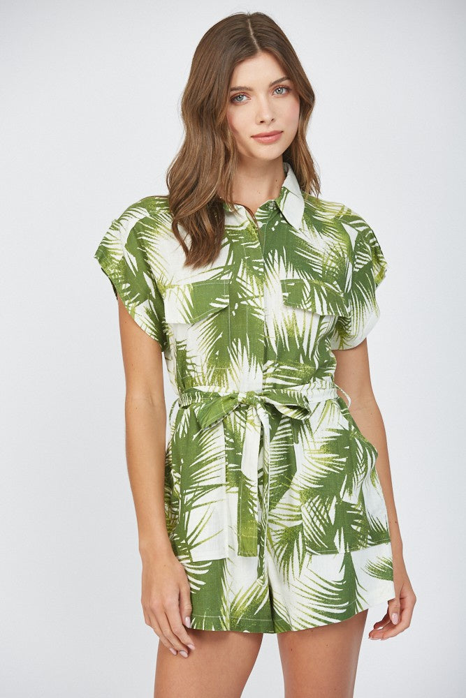 Tropical Print Linen-Blend Romper