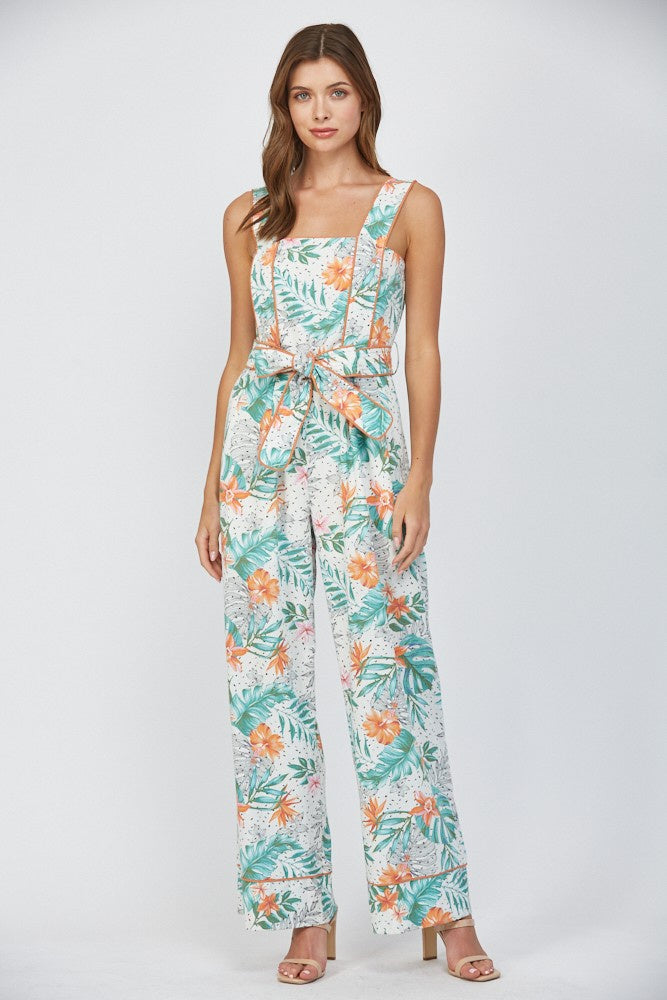 Tropical Print Linen Blend Wide Leg Jumpsuit