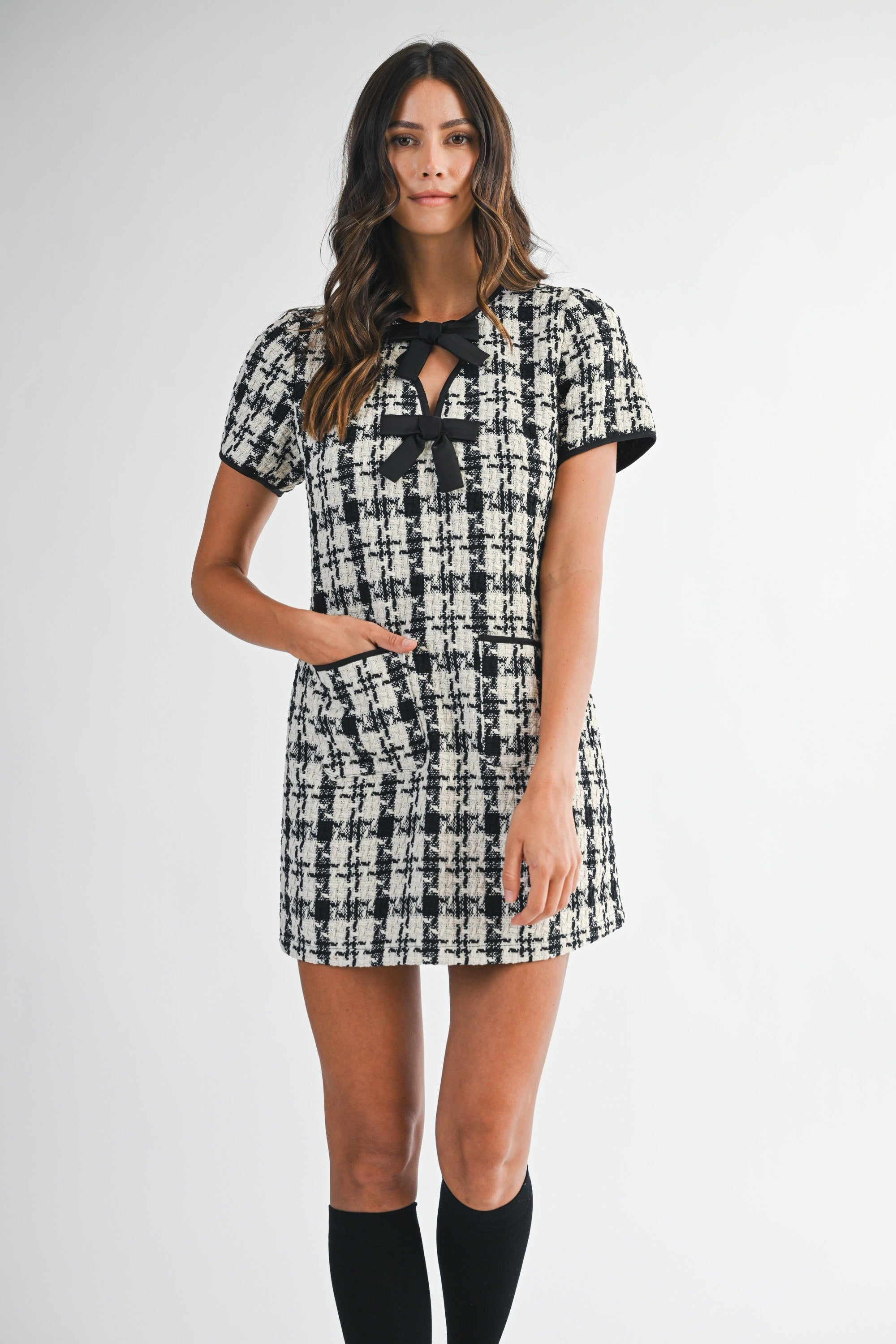 Tweed Short Sleeve Front Bow Detail Mini Dress