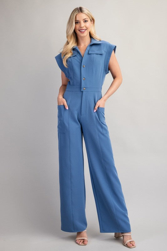 V-Neck Collar Pocket Jumpsuit