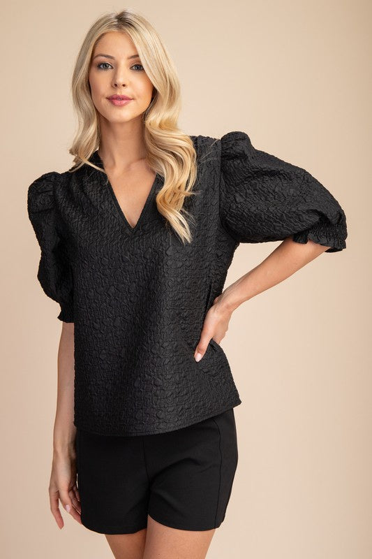 V-Neck Puff Sleeve Textured Top