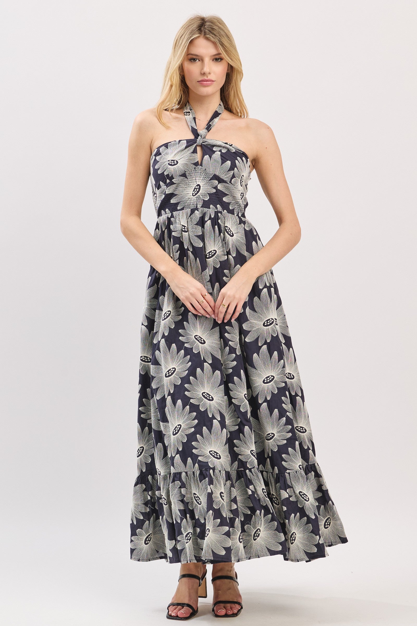 Voile Halter Floral Back Smocking Maxi Dress