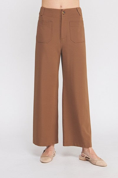 Wide Leg High Waist Pants with Front Patch Pockets