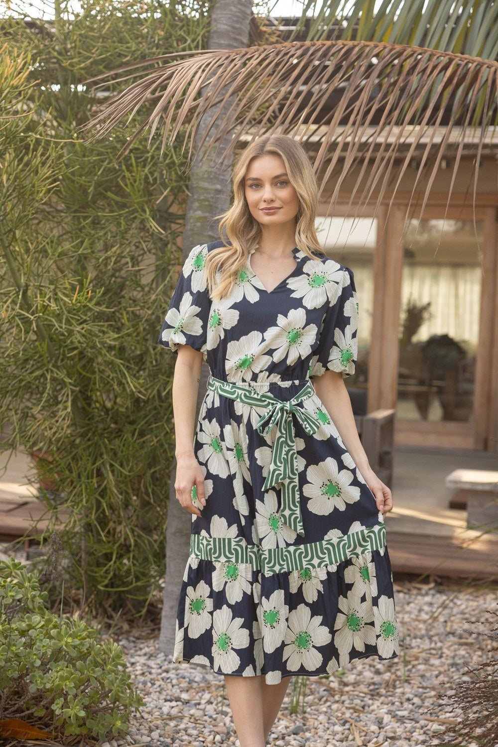 Floral and Stripe Mixed Midi Dress – Women’s V-Neck Summer Outfit