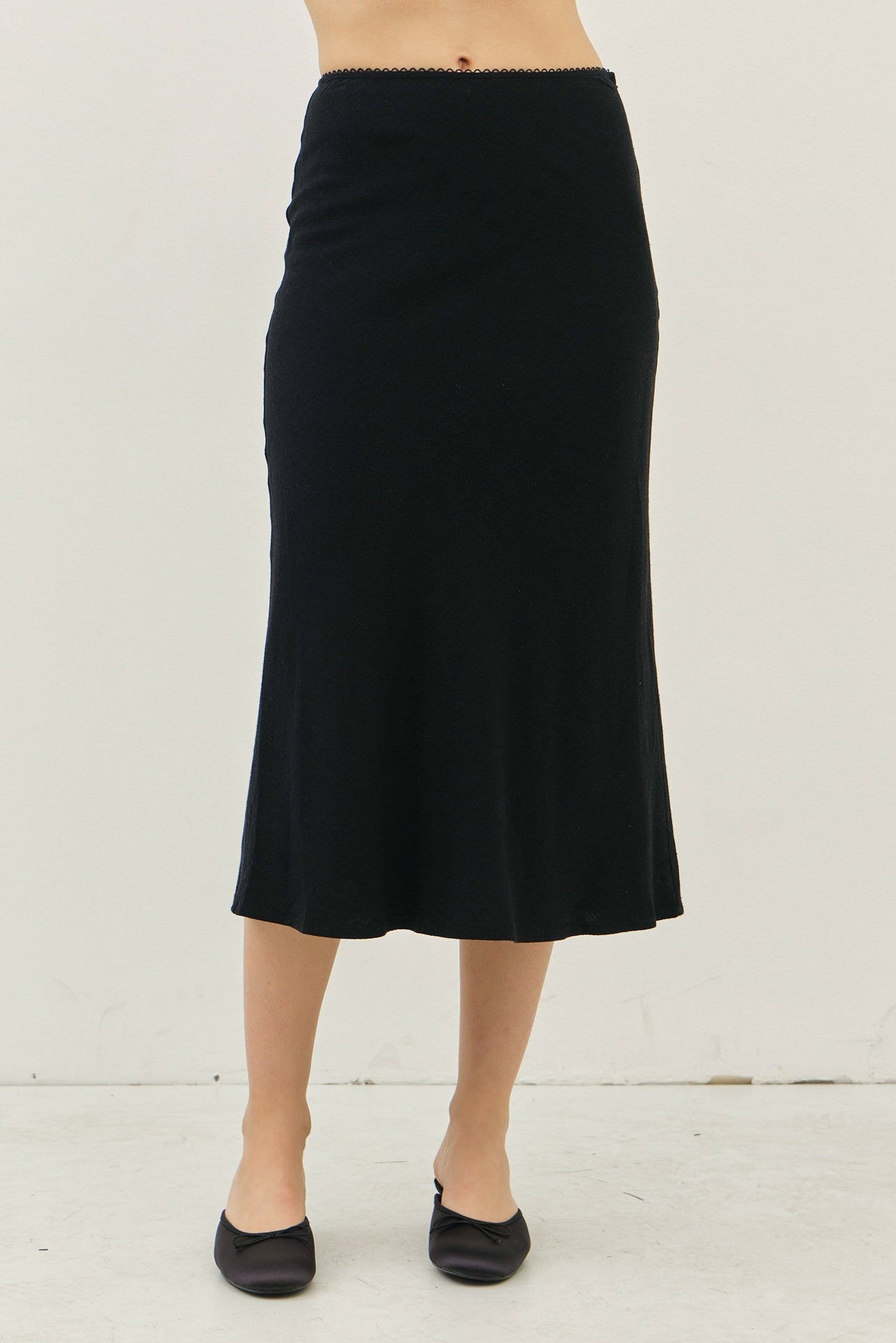 Picot Elastic Detail Soft Linen Blend Midi Skirt
