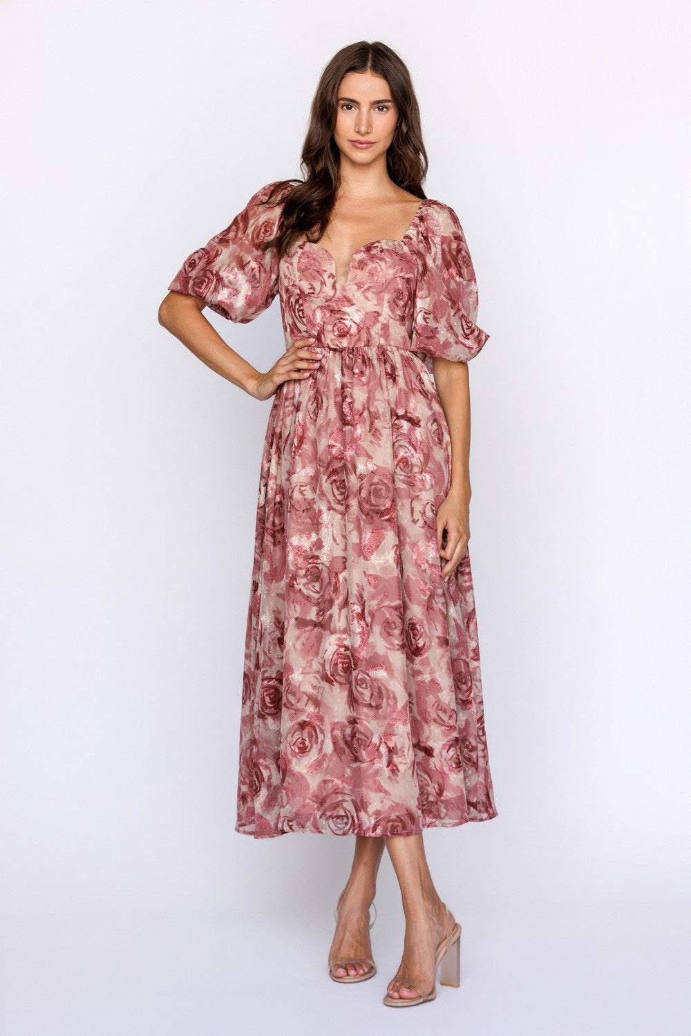 Textured Floral Jacquard Midi Dress
