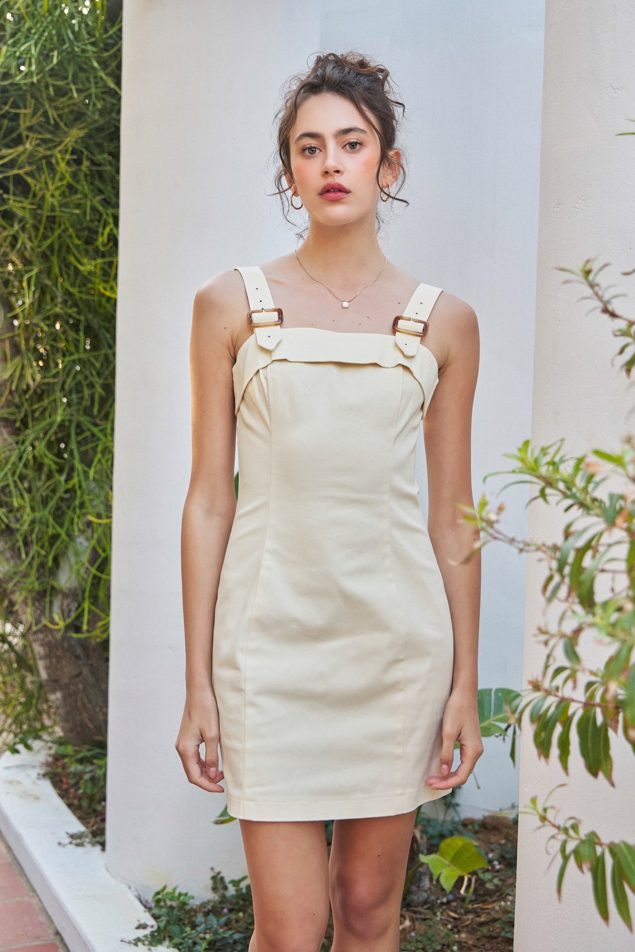 Fitted Mini Dress With Buckle And Foldover Neck