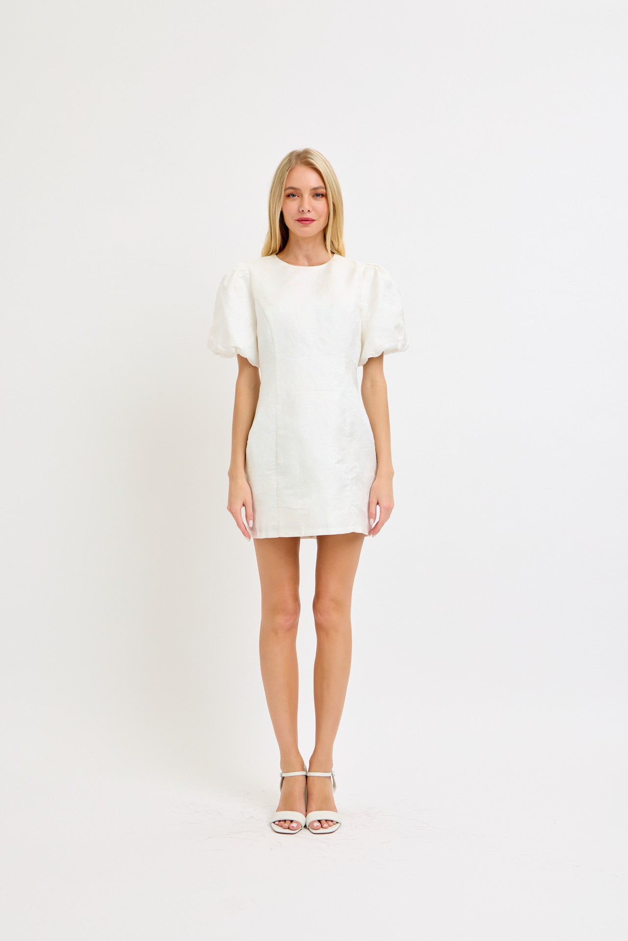 Metallic Jacquard Balloon Sleeve Mini Dress