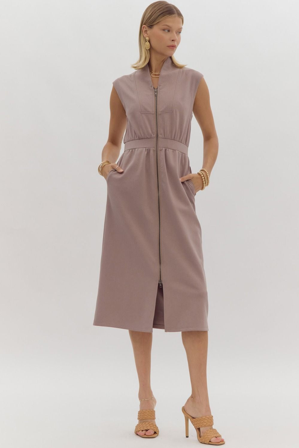 Mocha Sleeveless Zip-Up Midi Dress