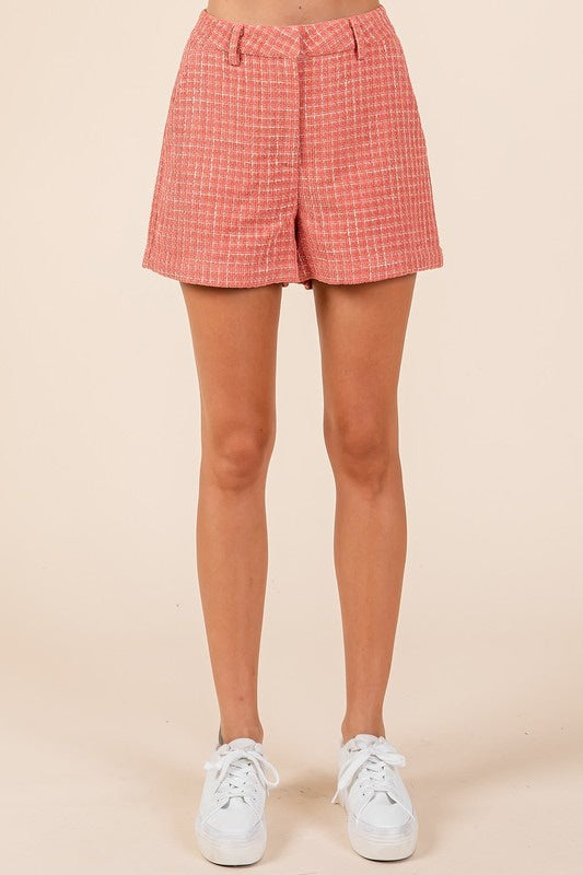 Alias Textured Tweed High-Waist Shorts – Pink & Black Women’s Tailored Shorts