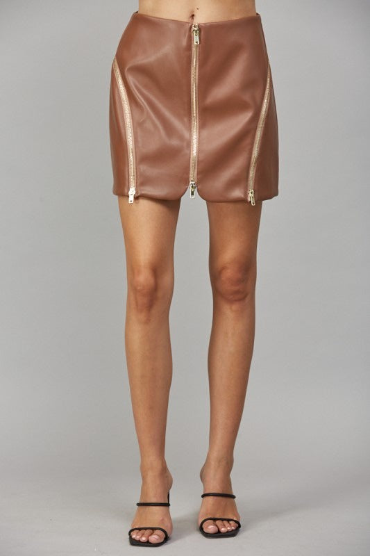 Alias Cognac Faux Leather Zip Detail Mini Skirt – High-Waist Edgy Front Zip Skirt