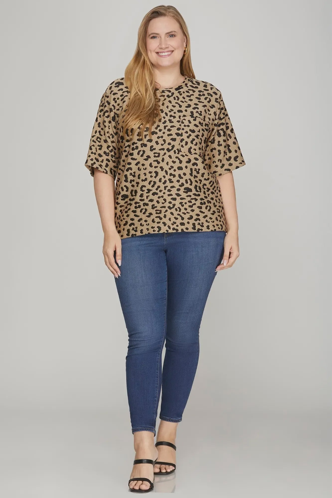 Plus Size Leopard Print Textured Top – Camel Short Sleeve Animal Print Blouse with Front Pocket