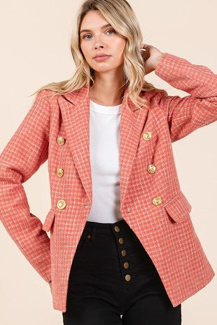 Alias Textured Double-Breasted Blazer – Pink Tweed Gold Button Blazer for Women