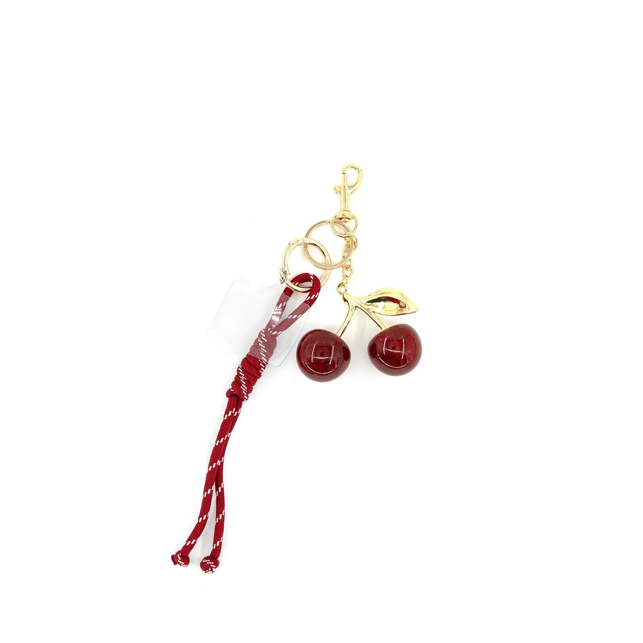 Cherry Charm Keychain with Gold Hardware & Red Braided Strap – Cute Fruit Bag Charm | Designer Purse Accessory | Gold Lobster Clasp Keyring