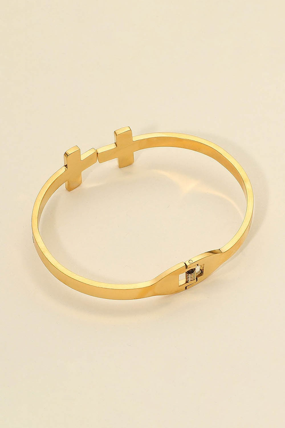 Stainless Steel Mother of Pearl Double Cross Tip Hinged Bangle Bracelet