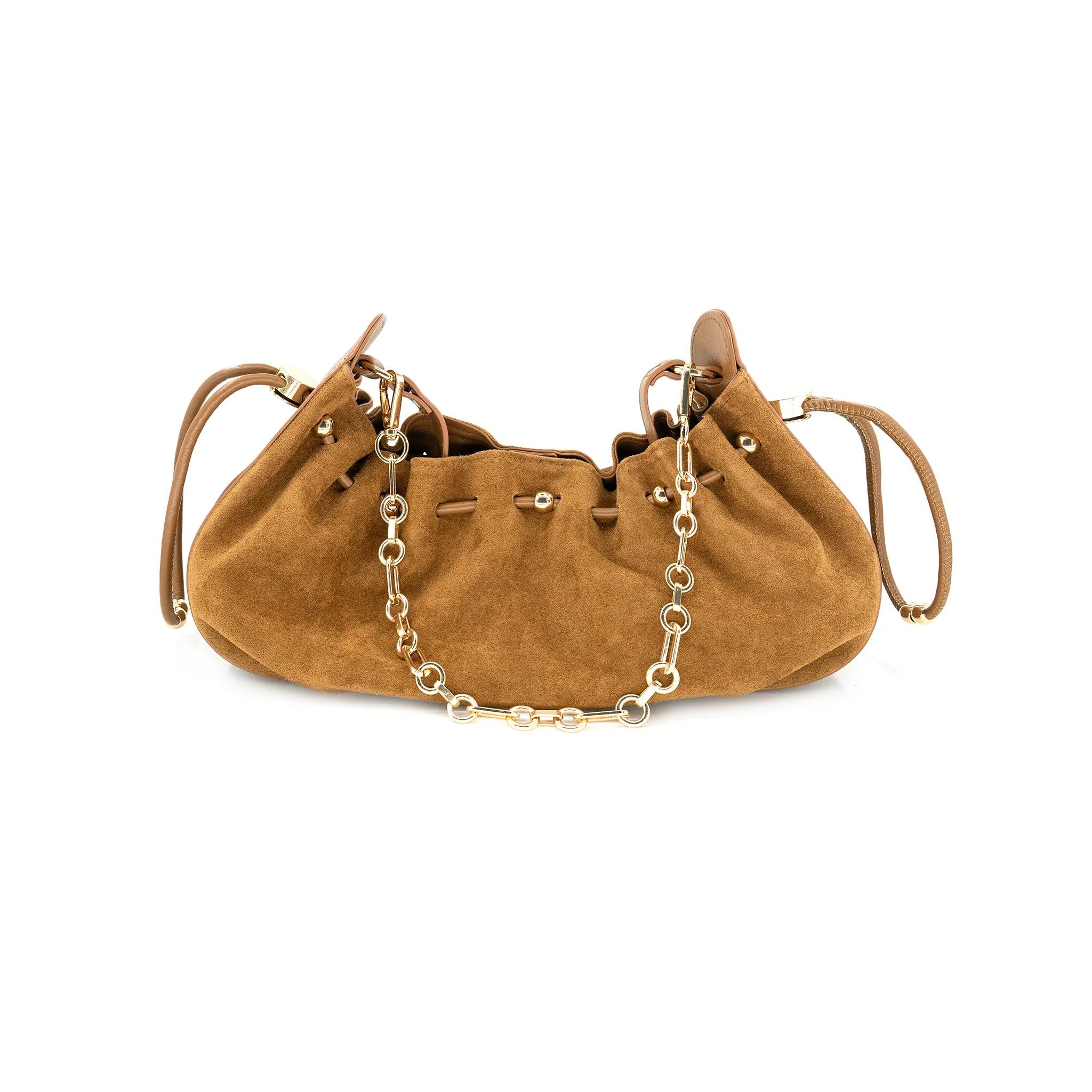 Suede Pouch Bag with Gold Chain Strap – Soft Dumpling Pillow Bag Drawstring Shoulder Bag | Trendy Cloud Bag for Women