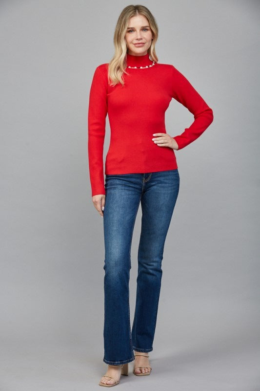 Elegant Red Sweater-Trim Turtleneck Sweater