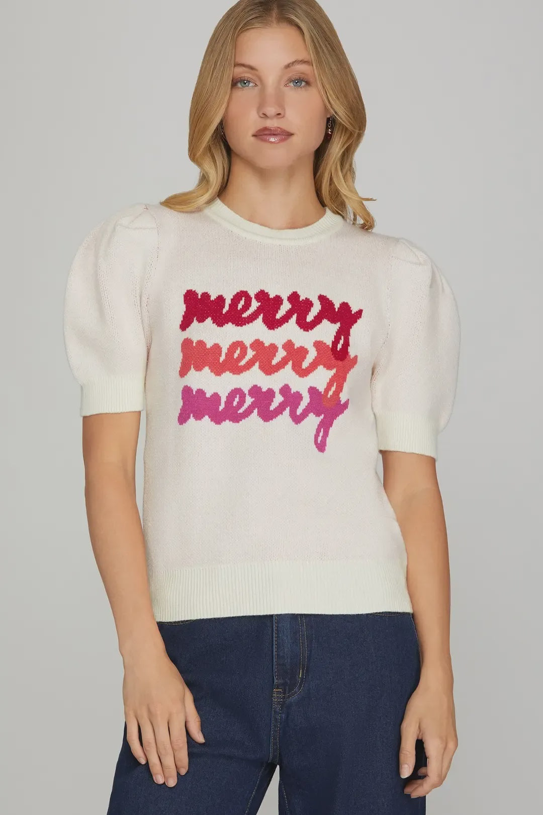 Women’s “Merry Merry Merry” Holiday Puff Sleeve Sweater – Cozy Christmas Knit Top