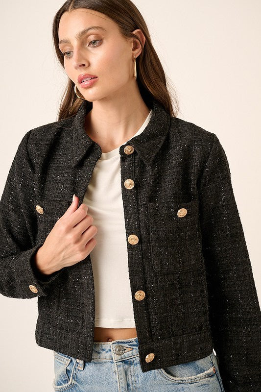 Alias Textured Button-Up Cropped Jacket – Black Tweed Short Jacket with Gold Buttons