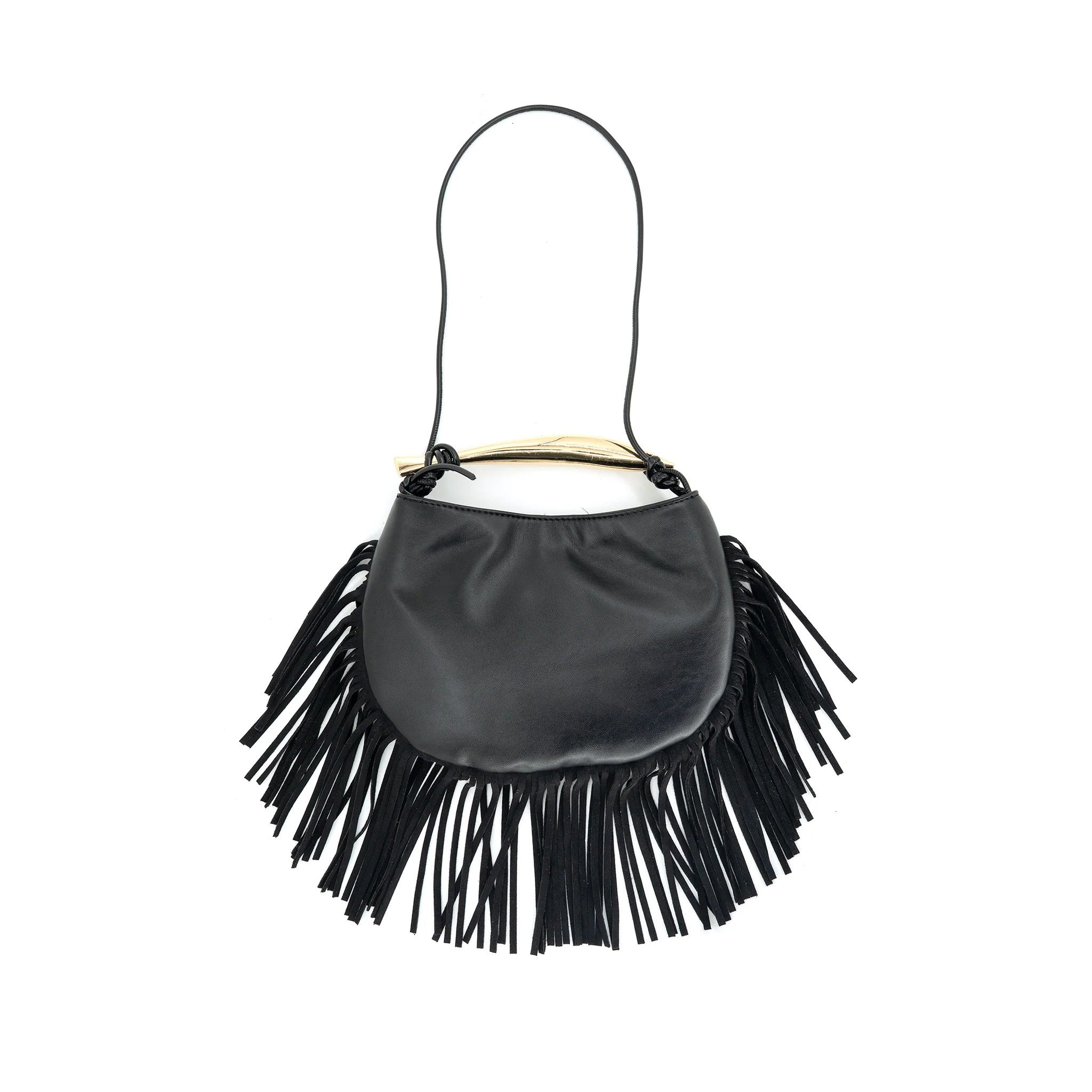 Black Fringe Crossbody Bag with Gold Hardware – Boho Tassel Shoulder Bag | Vegan Leather Fringe Purse | Festival Handbag with Adjustable Strap
