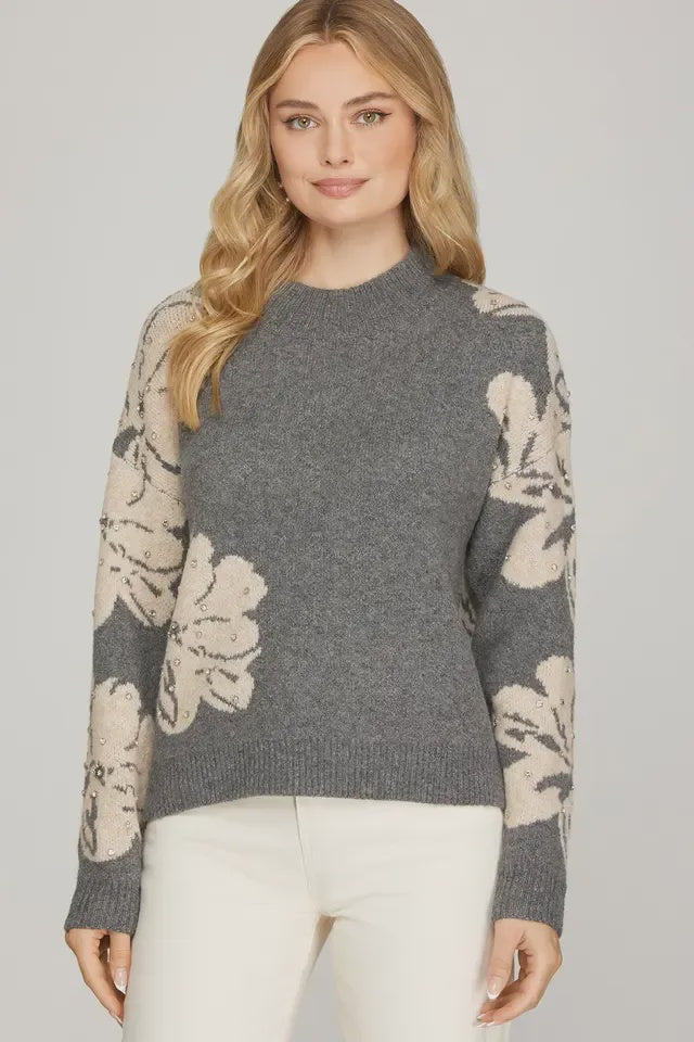 Grey Floral Knit Sweater – Soft Crewneck Pullover with Beige Flower Sleeve Detail for Cozy Chic Style