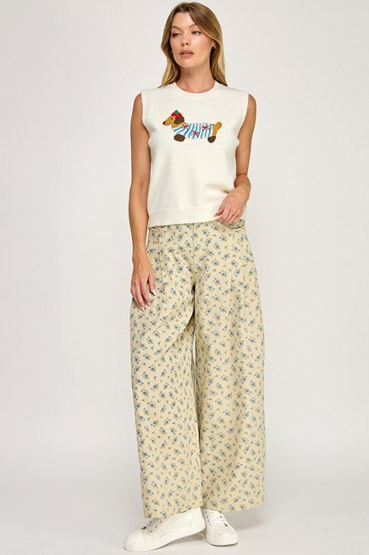 Sweater Cartoon Dog Vest – Women’s Sleeveless Knit Top with Cute Embroidered Dog Design