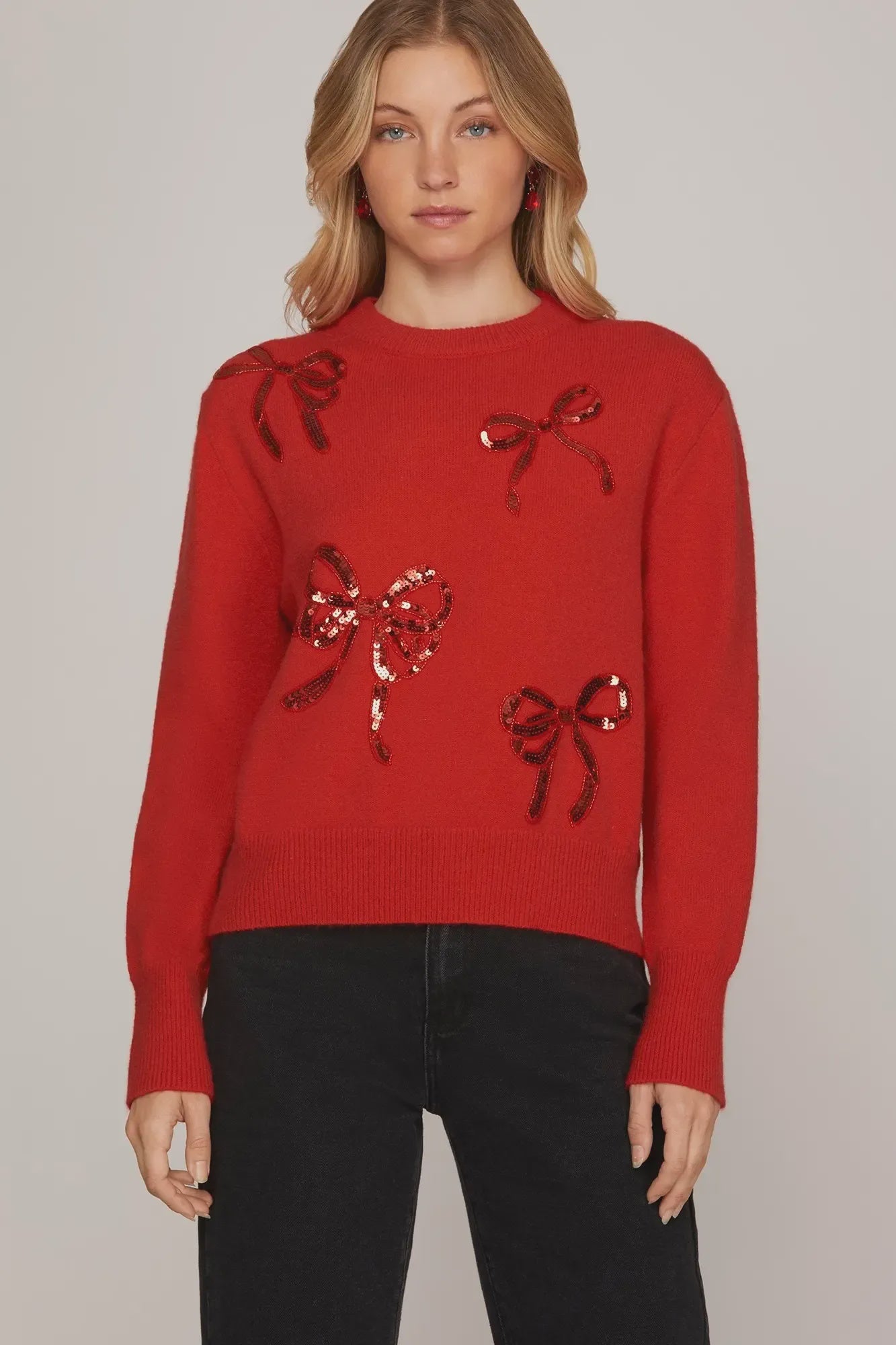 Red Sequin Bow Sweater – Festive Embellished Knit Pullover for Holiday Chic