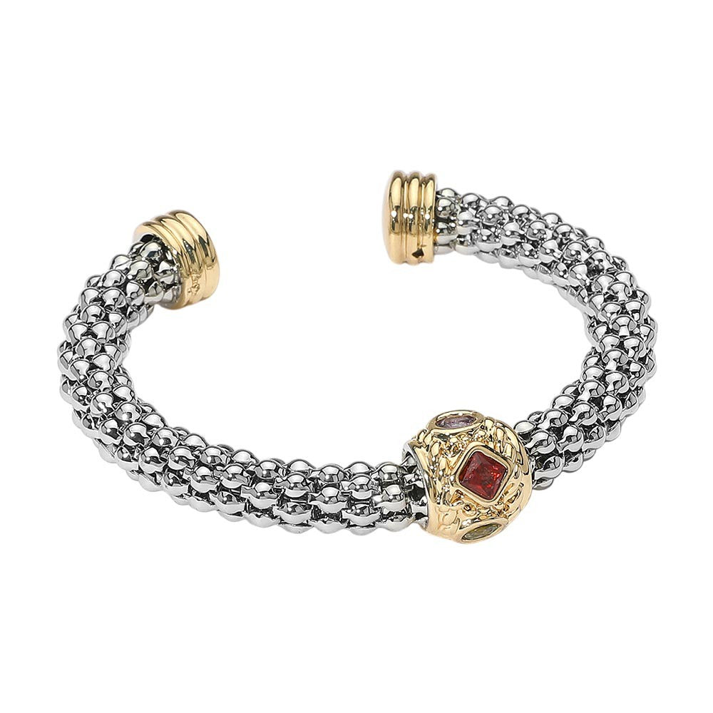 Colorful CZ Stone Cluster Two Tone Mesh Chain Cuff Bracelet