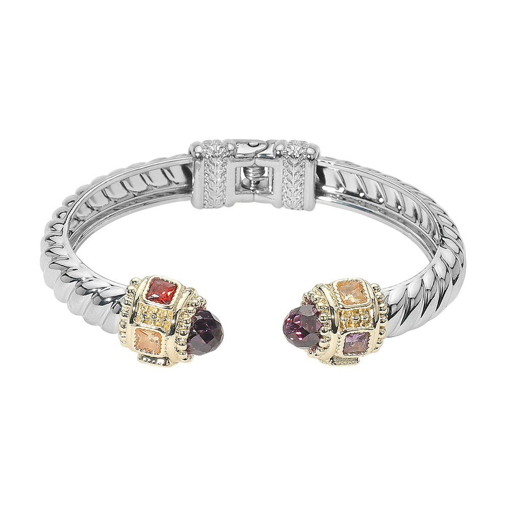 CZ Stone Tip Two Tone Twisted Hinge Cuff Bracelet