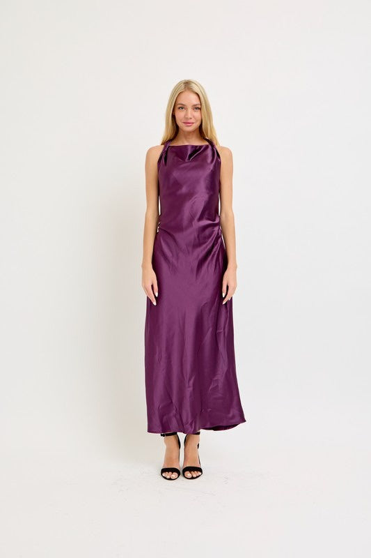 Plum Satin Halter Maxi Dress – Sleeveless High-Neck Silky Evening Gown