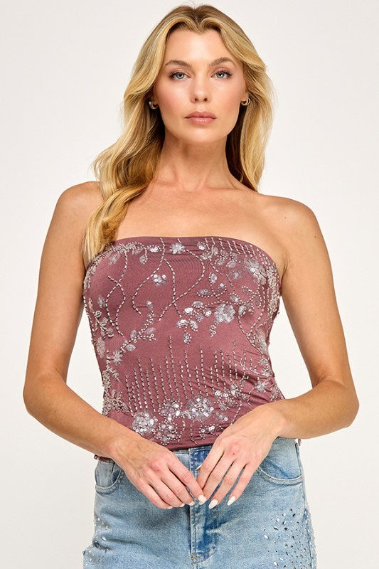Alias Mauve Embellished Strapless Top – Sparkling Sequin Bustier for Party Nights