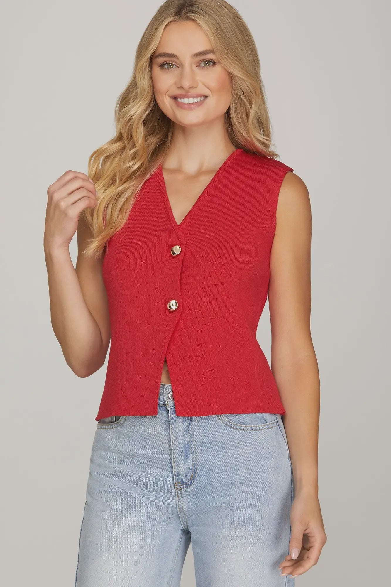 Sleeveless Red Knit Button Front Top – V-Neck Ribbed Tank with Gold Detail
