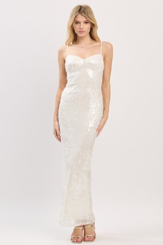 Elegant White Sequin Maxi Dress with Spaghetti Straps – Sparkly Mermaid Gown | Formal Evening Dress