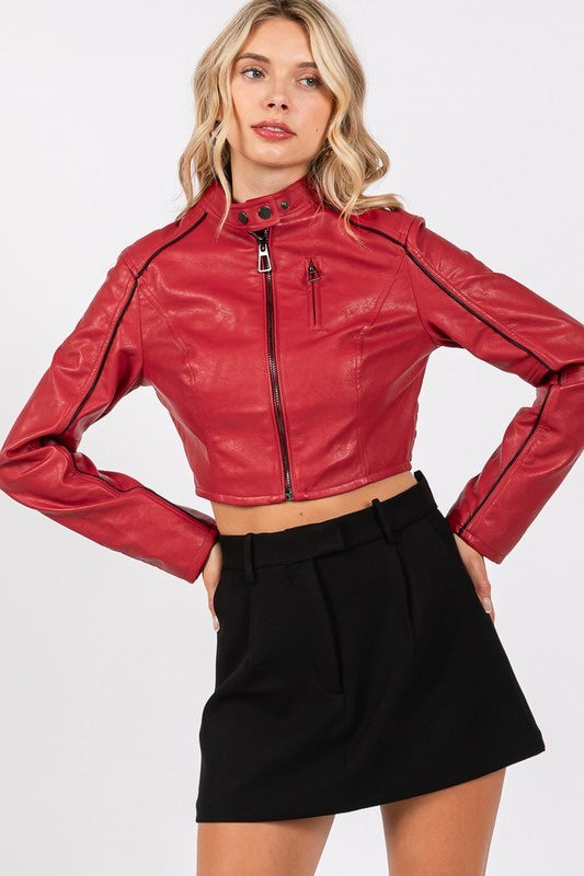 Edgy Red Faux Leather Cropped Moto Jacket – Women's Vegan Leather Biker Jacket with Zipper Details