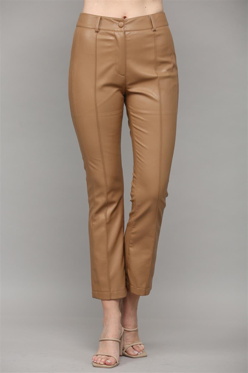 Camel Faux Leather Flare Pants
